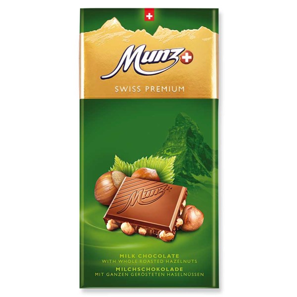 Munz Swiss Premium Milchschokolade mit ganzen Haselnuessen 100g Schweizer Schokolade kaufen